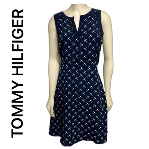 Tommy Hilfiger RARE Navy Blue Anchors Nautical Midi Sleeveless Dress